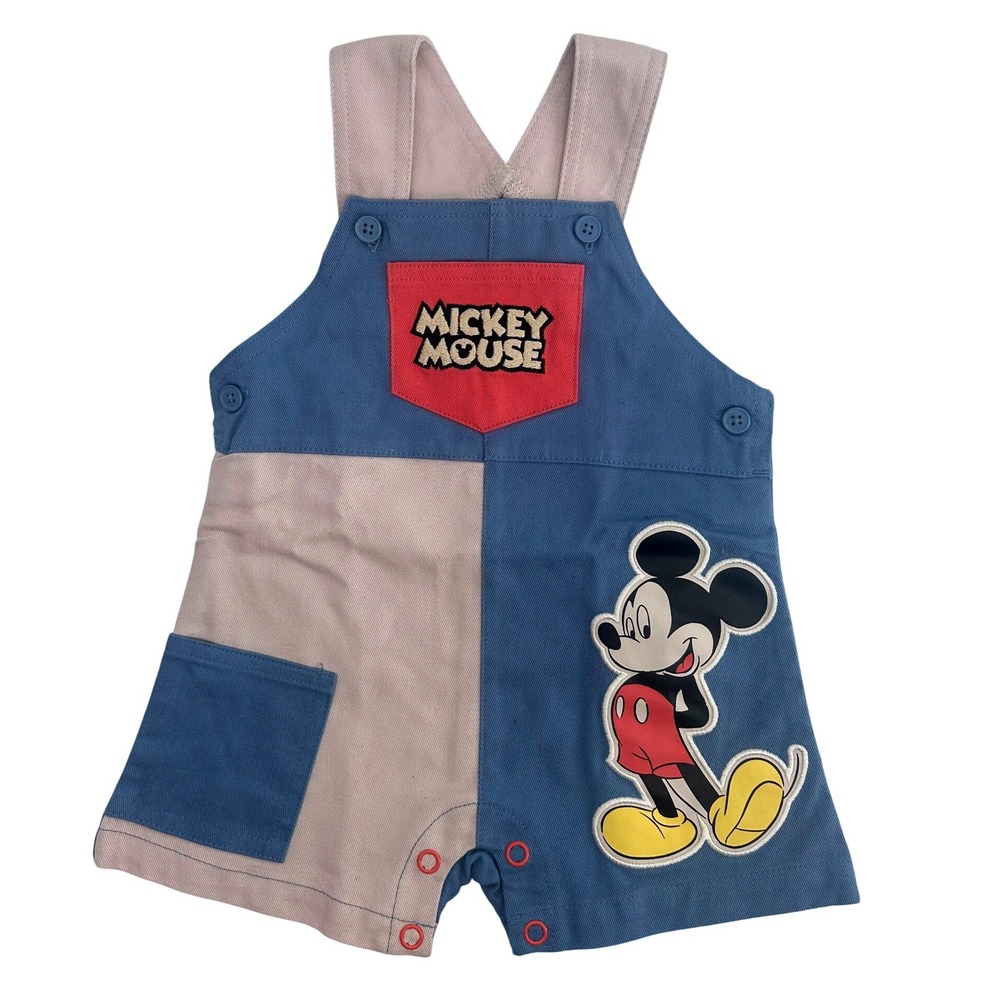 Disney Baby Mickey‎ Mouse Colorblock Cotton Shortall Blue Tan 6-9M 14A0787MM
